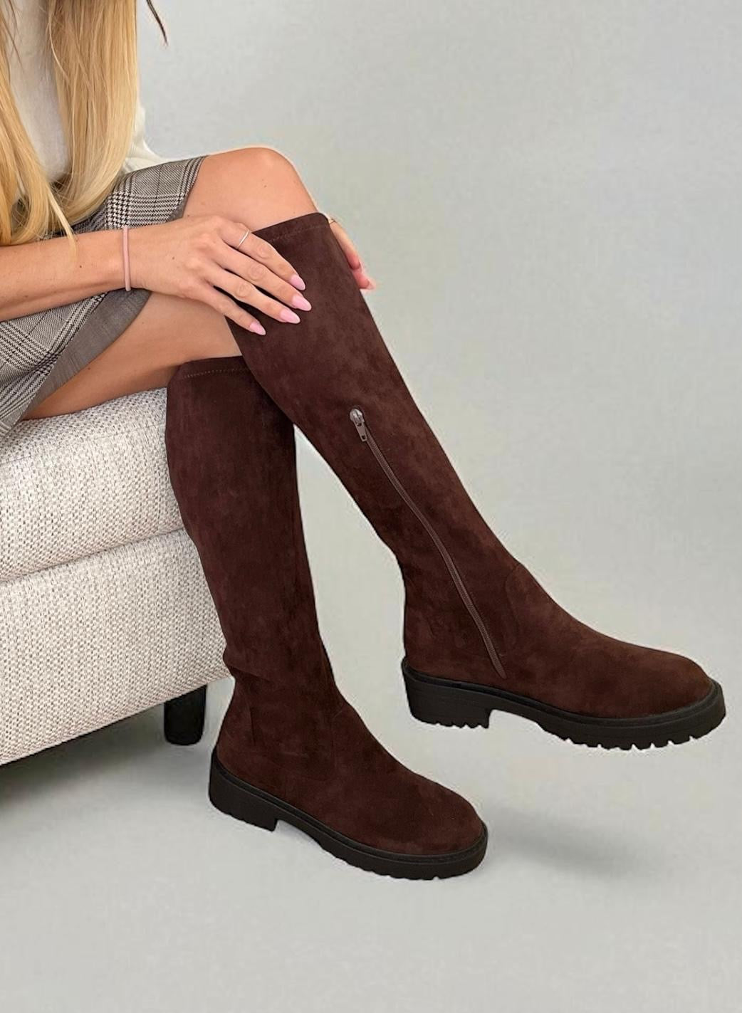 LADIES CHOCOLATE BROWN WIDE CALF KNEE HIGH FLAT BOOTS