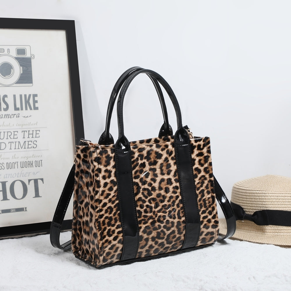 LADIES PATENT LEOPARD PRINT MINI TOTE BAG