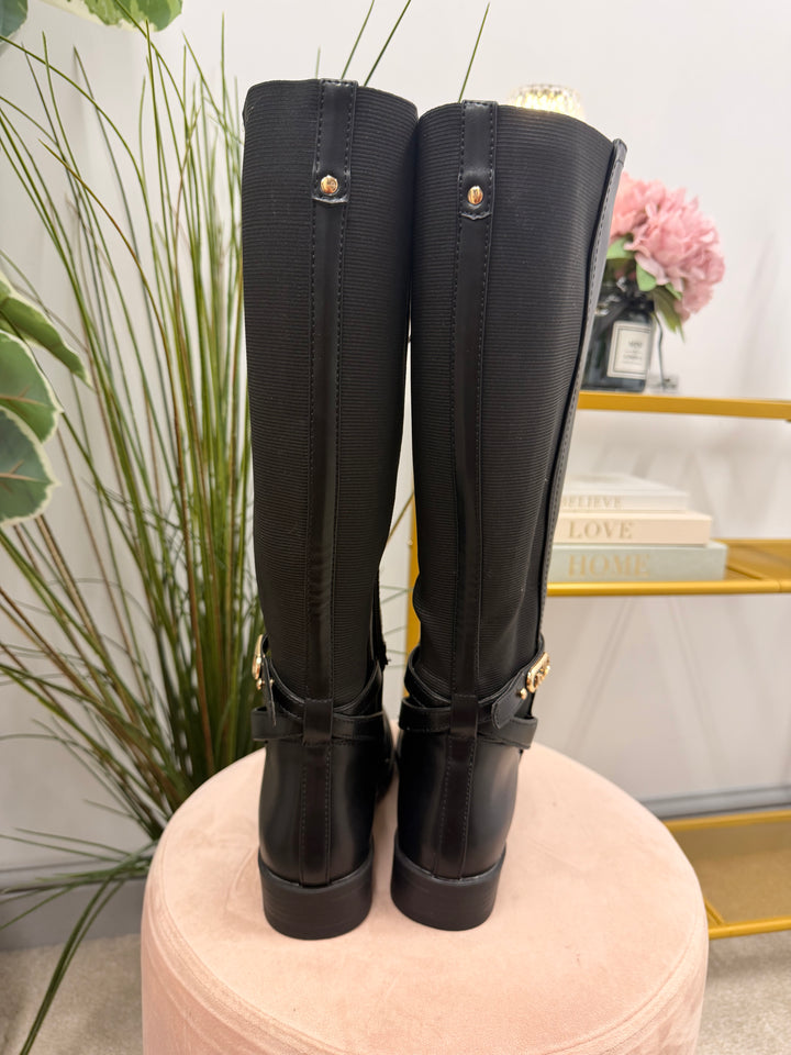 Ladies Fashion Flat Stretch Riding Boots - Black & Brown
