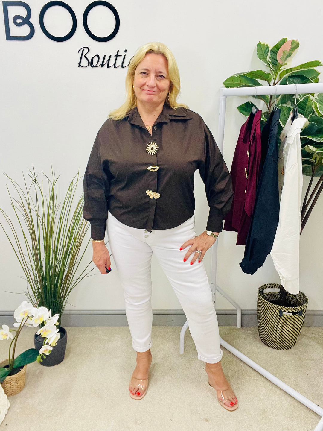 LADIES COTTON CROPPED SHIRT BLOUSE - WHITE, WINE, BROWN & BLACK