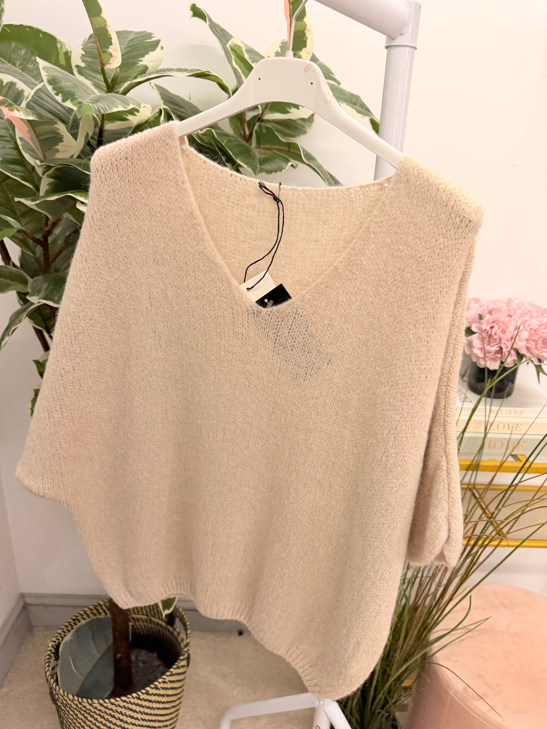 Womens fluffy knit short sleeve V neck jumper - Berry, Brown, Oatmeal, Blue & Khaki