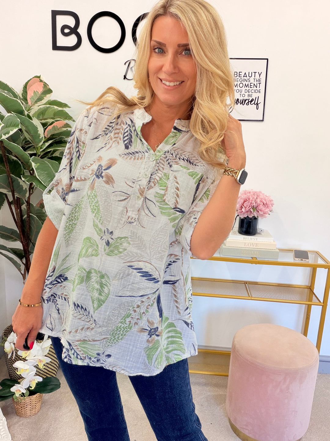 Ladies White Light Linen Leaf Print Grandad Shirt Top