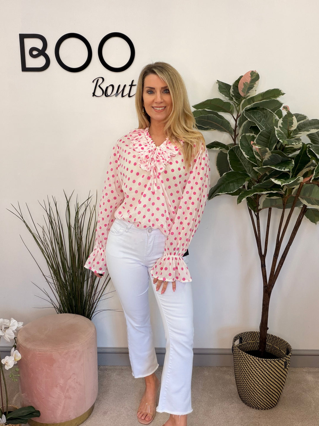 Ladies Fashion White Cotton Polka Dot Pretty Blouse - pink & navy