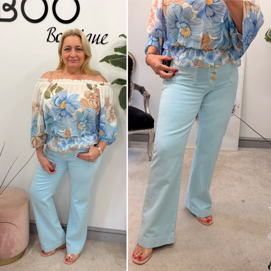 LADIES FASHION PALE BABY BLUE HIGH WAIST WIDE LEG JEANS