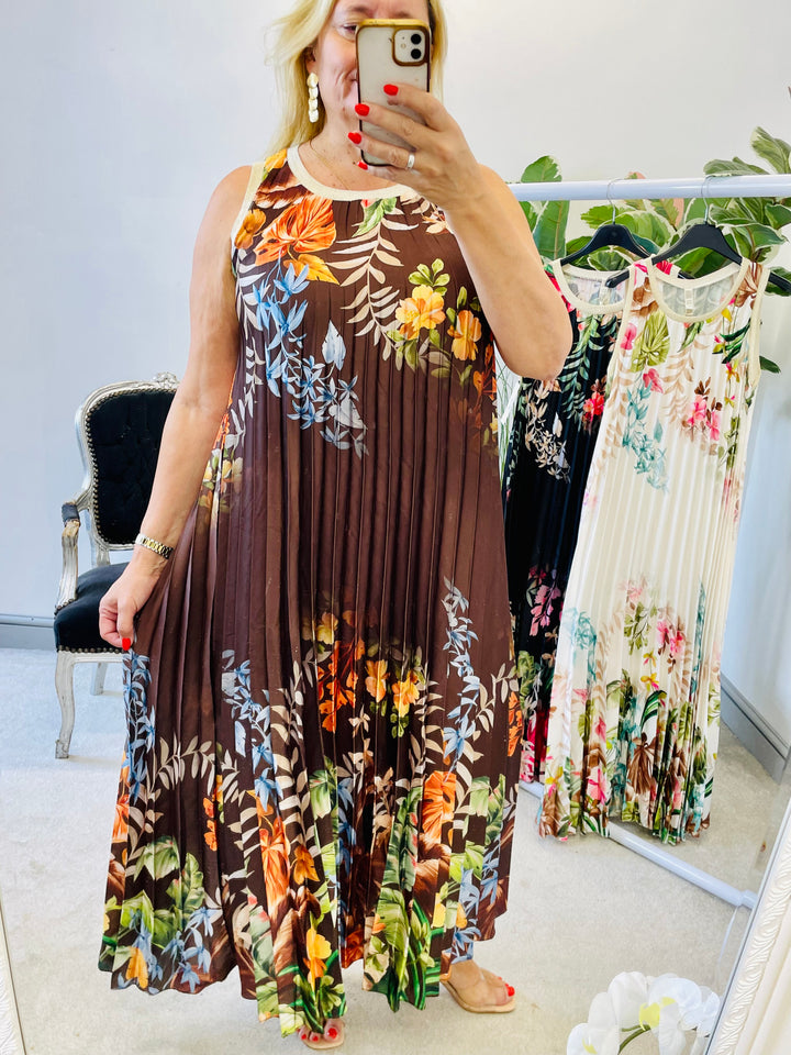 LADIES SATIN PLEATED SUMMER MAXI DRESS - BROWN, CREAM, BLACK