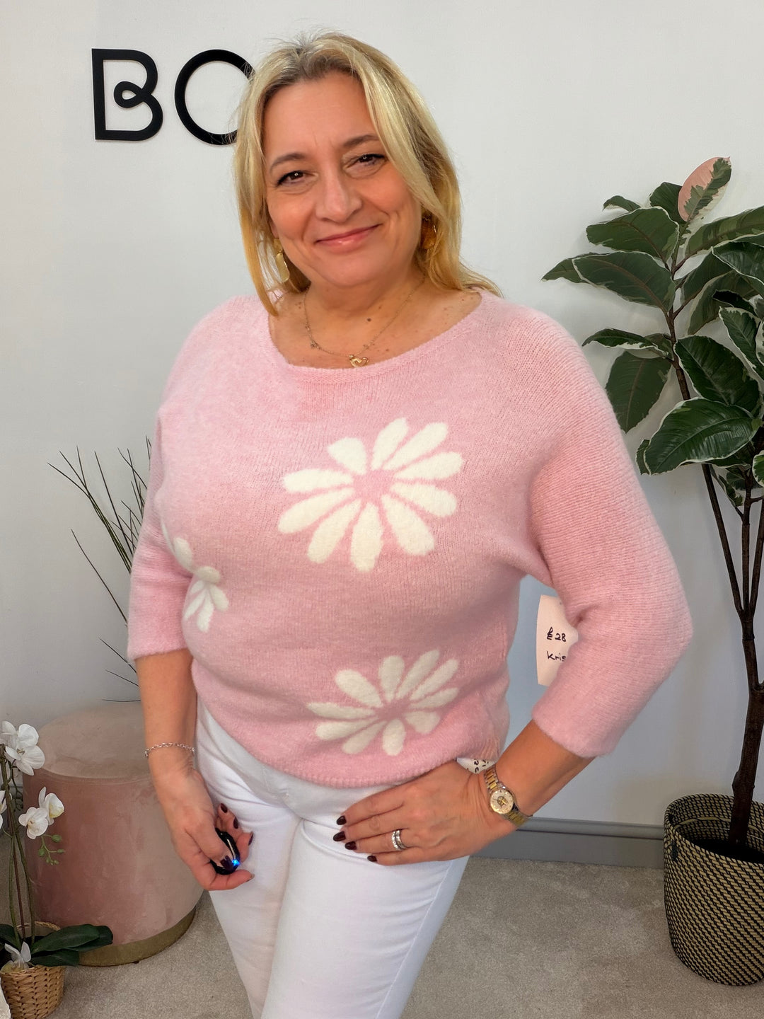 Ladies Fashion Daisy Short Sleeve Jumper - lemon, blue, white & pink