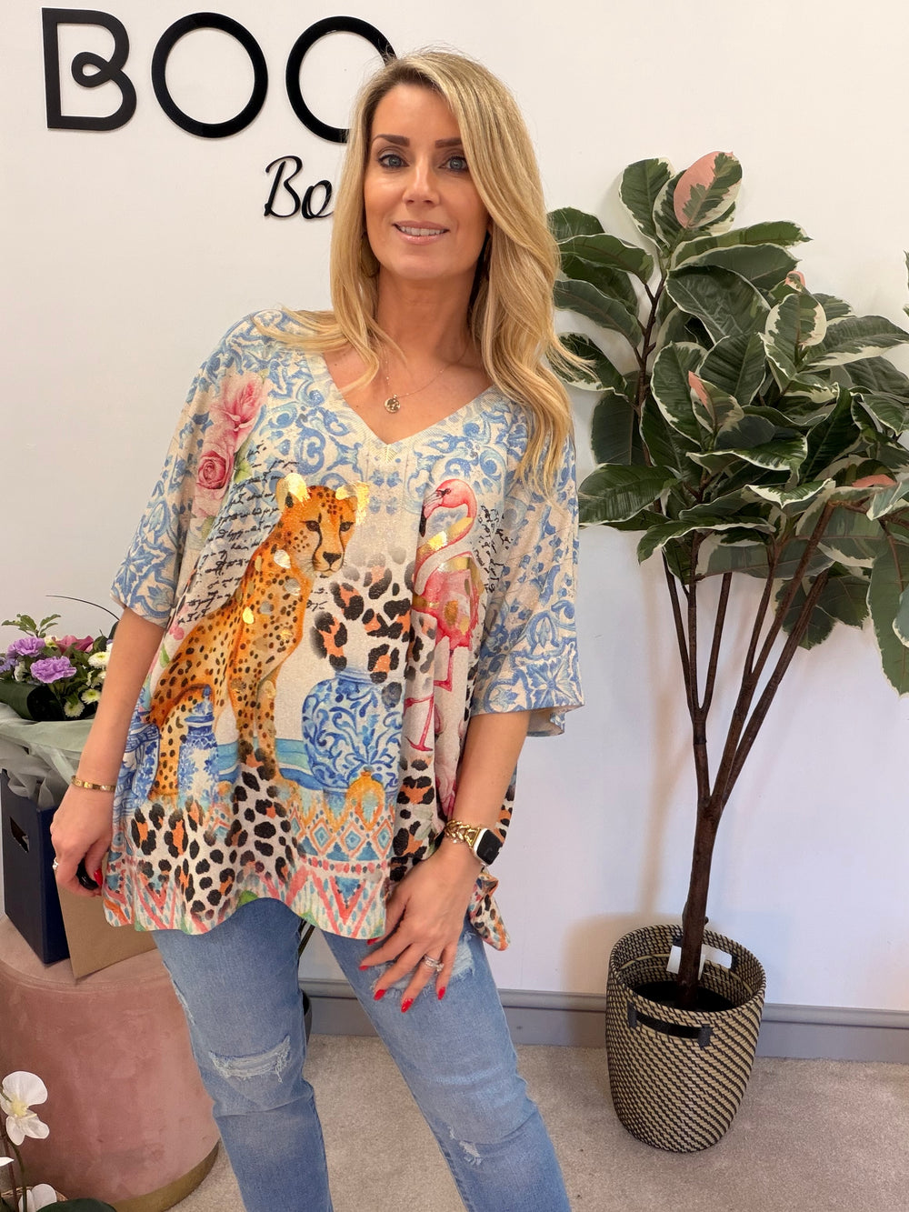 Ladies Fashion Blue Tiger & Flamingo Lurex Loose Fit Top