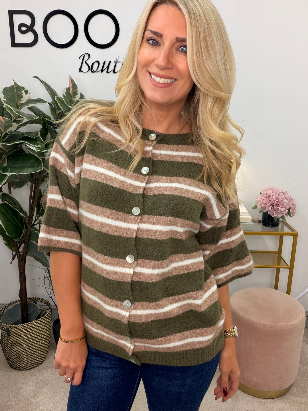 Ladies Fashion Stripe Short Sleeve Cardigan Jumper - Khaki, Camel & Black
