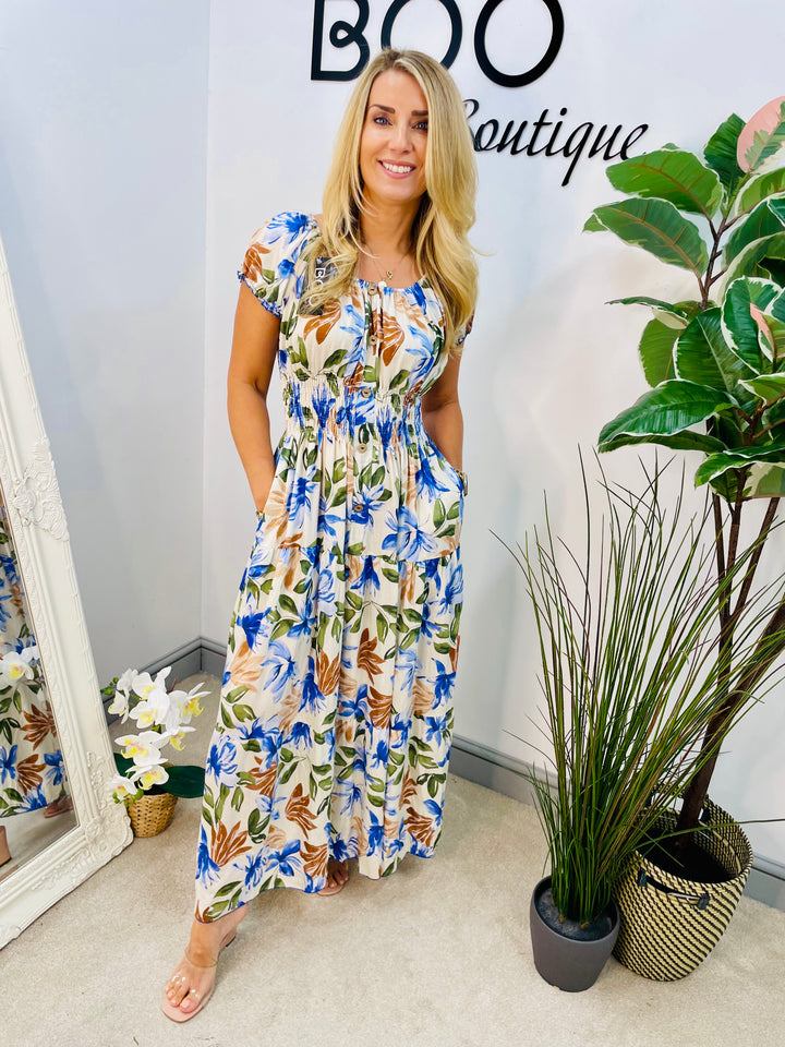 LADIES FLATTERING FLORAL PRINT SUMMER MAXI DRESS - PINK, CREAM & BLUE