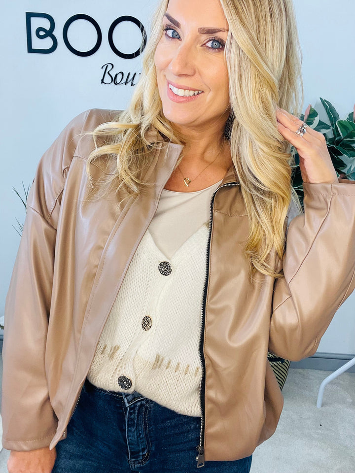 LADIES FASHION FAUX LEATHER BOMBER JACKET - BLACK, BROWN & BEIGE