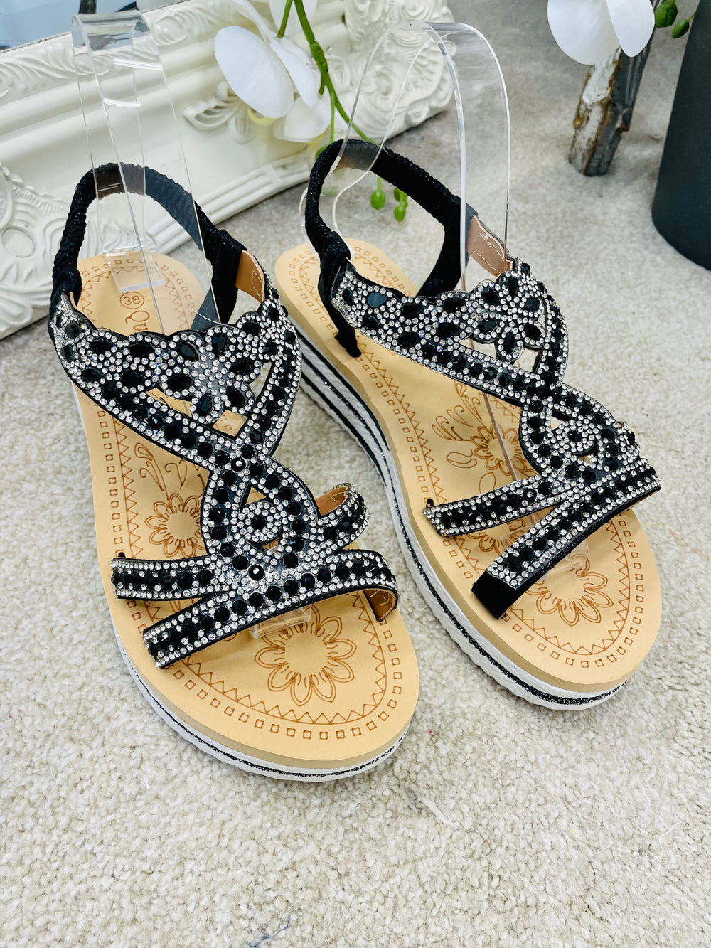 LADIES BLACK DIAMANTE SPARKLY SUMMER SANDALS