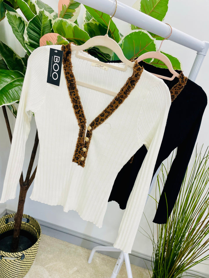 LADIES RIB KNIT STRETCH V NECK LEOPARD JUMPER TOP - BLACK & WHITE