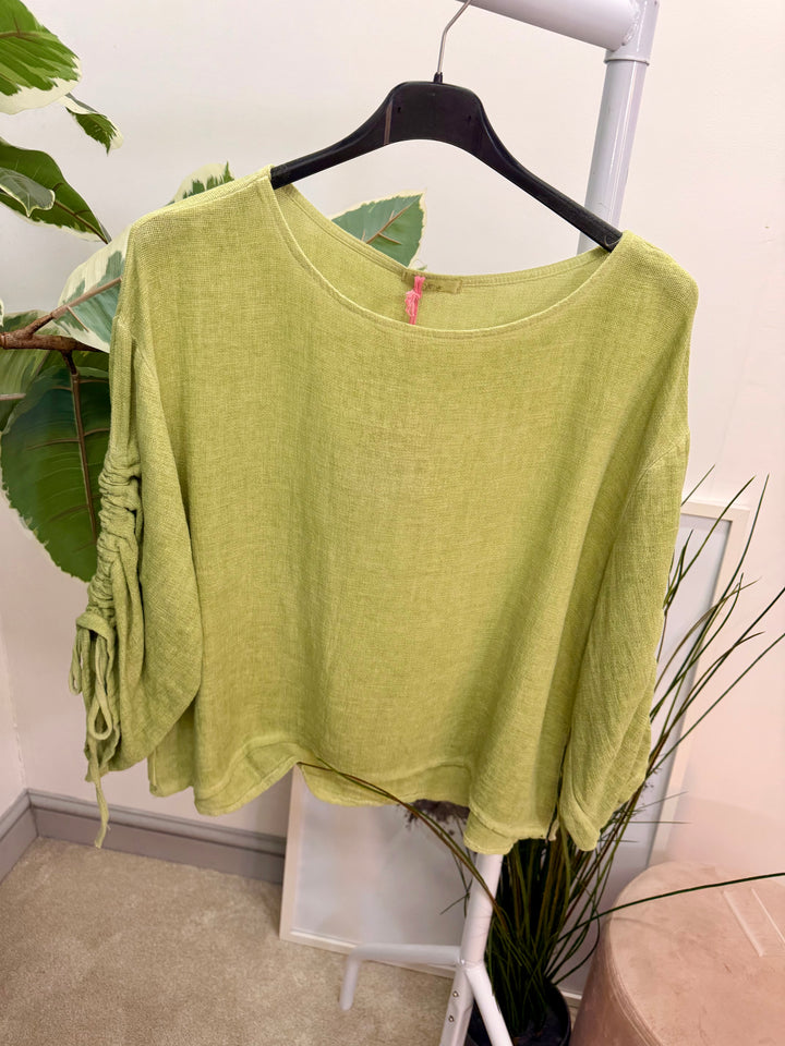 Ladies Fashion Ruche Sleeve Teabag Linen Top pistachio lime green