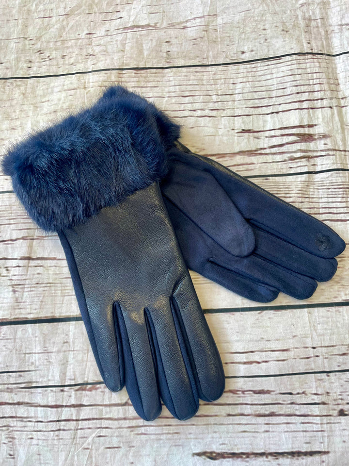 LADIES FAUX LEATHER & FUR GLOVES - BLACK, WINE, NAVY, BROWN, CREAM & MOCHA