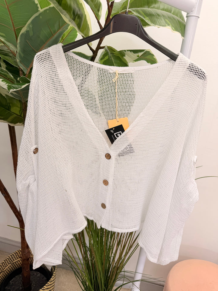 Ladies Fashion Tea Bag Linen Mesh Top Cardigan - Blue, Black, White, Lime & Pink
