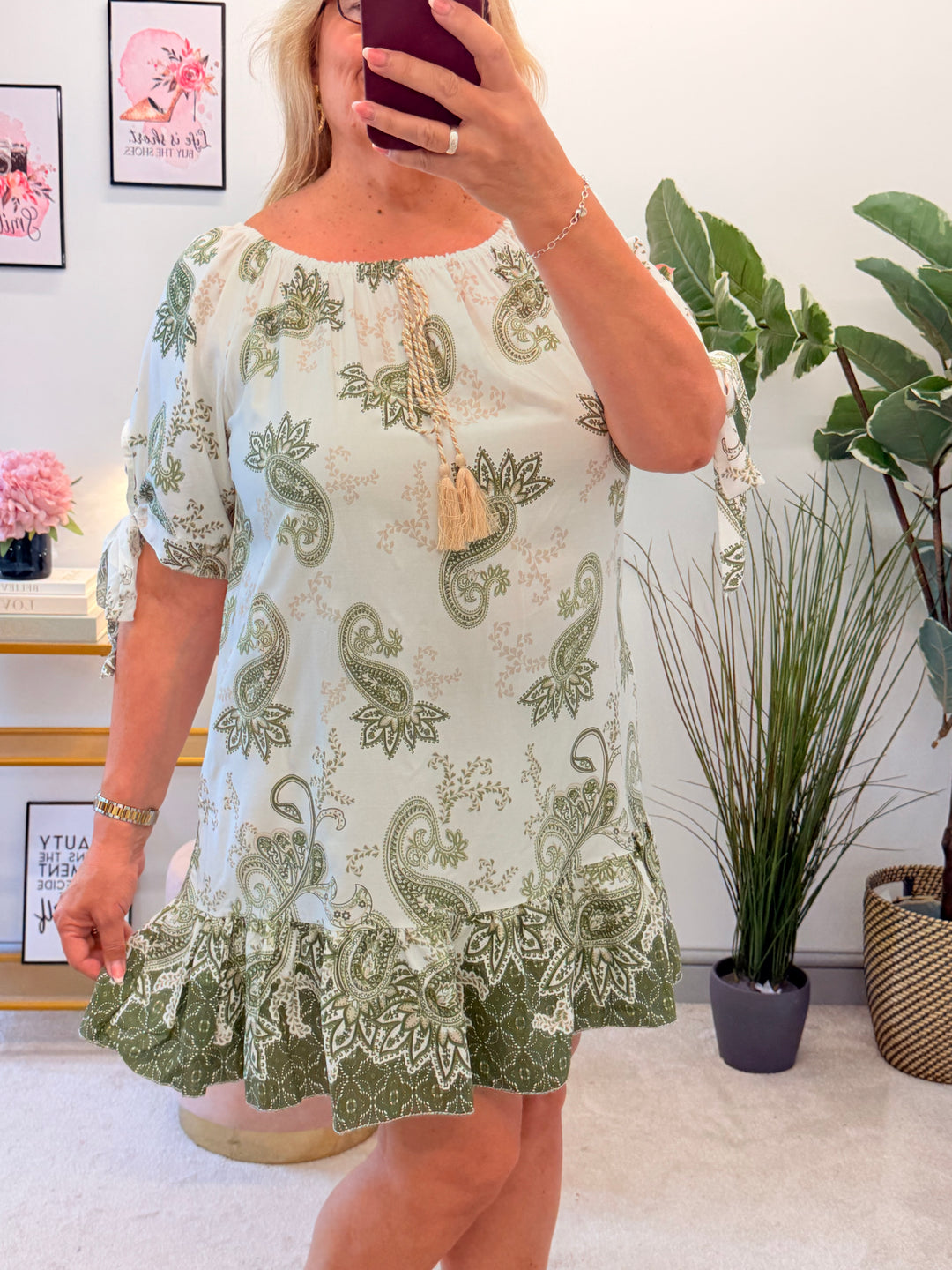 Ladies Paisley Print Summer Bardot Dress - Navy, Khaki