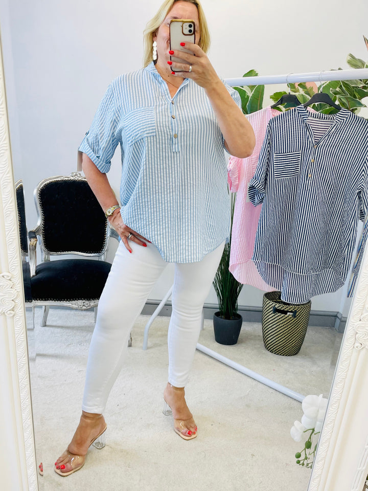 LADIES CASUAL STRIPE GRANDAD SHIRT - NAVY, PINK, BLUE