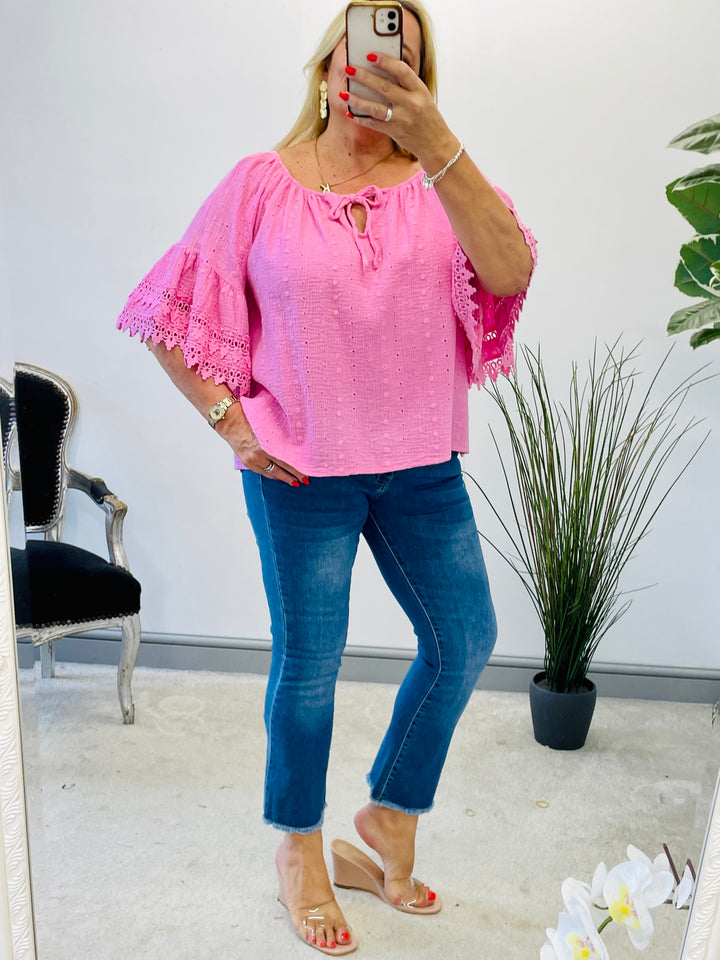 LADIES BRODERIE ANGLAISE BARDOT SUMMER TOP - PINK, WHITE, BLUE, NAVY, YELLOW