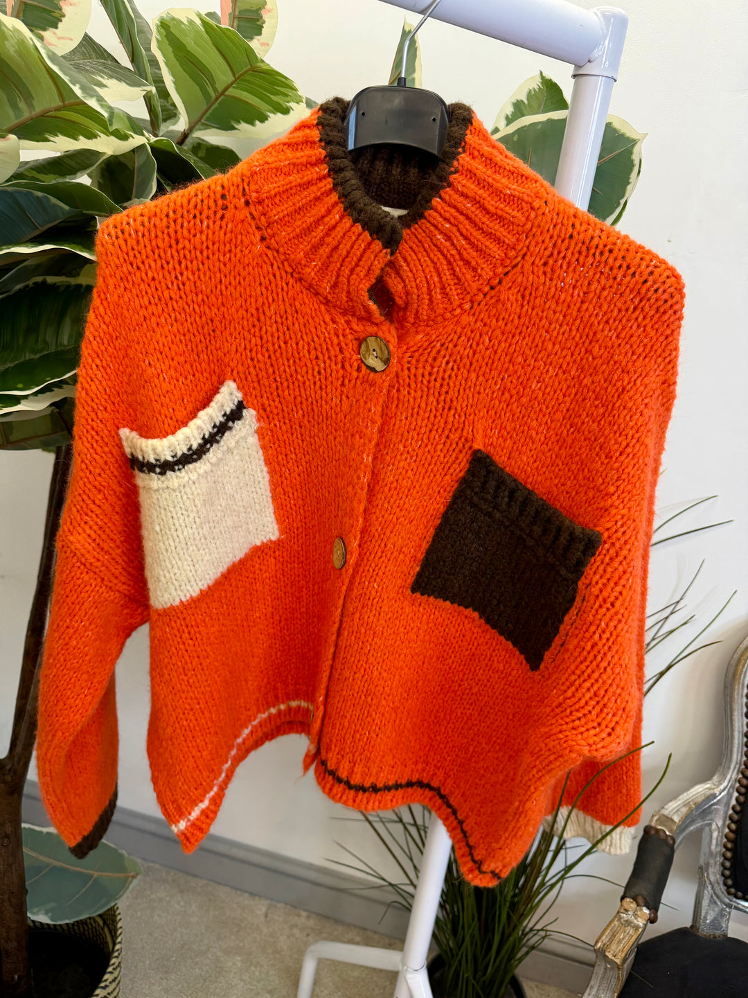 LADIES FUNKY CHUNKY KNIT TWO TONE CARDIGAN - MINT, BEIGE, ORANGE & LIME