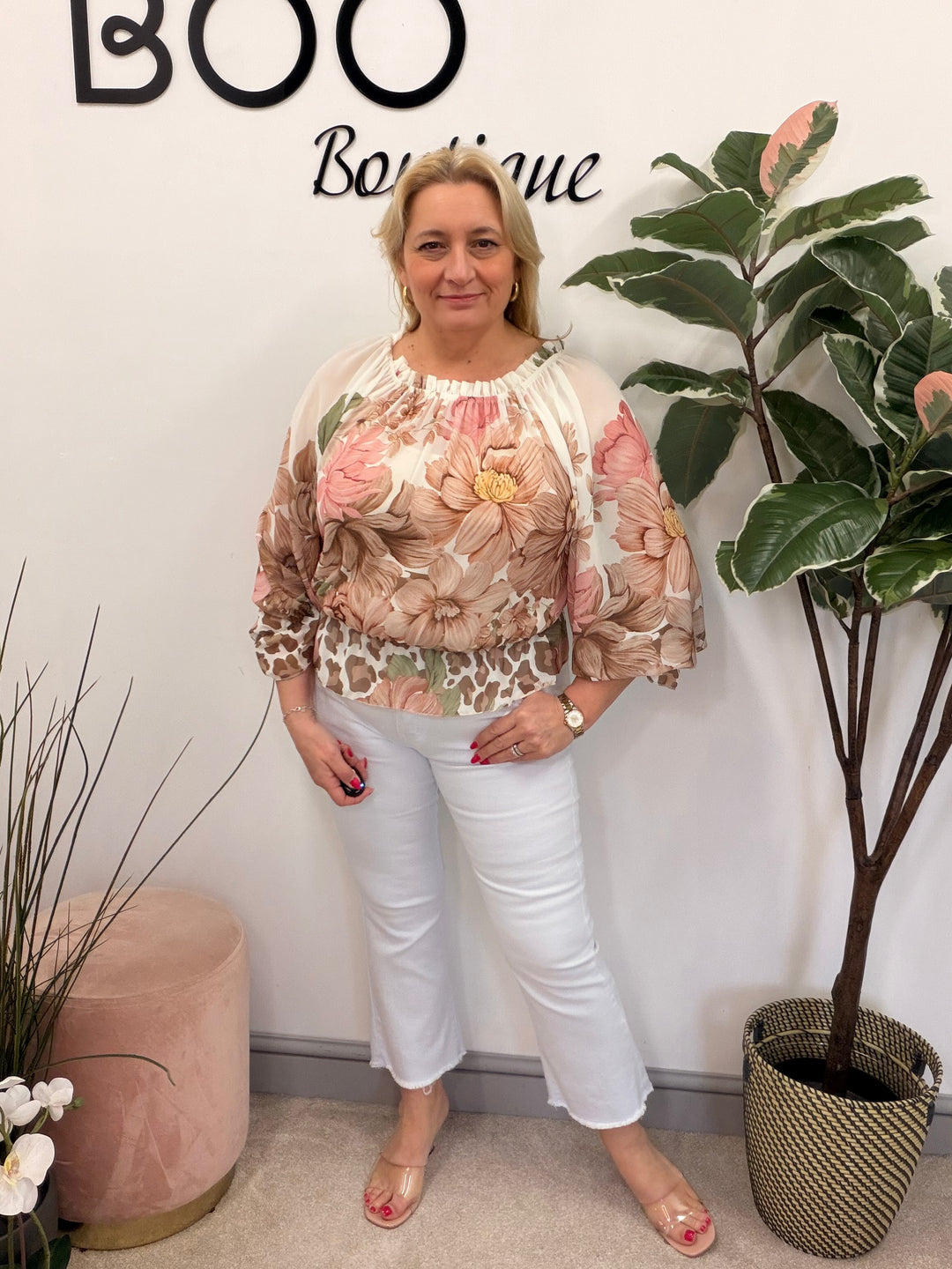 Ladies Fashion Flower Print Bardot Top Blouse - Pink, Lemon, Green & Blue