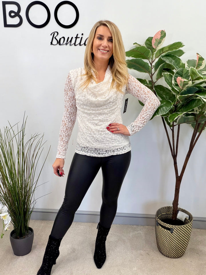 LADIES LACY COWL NECK LONG SLEEVE TOP - BLACK, WHITE & BROWN