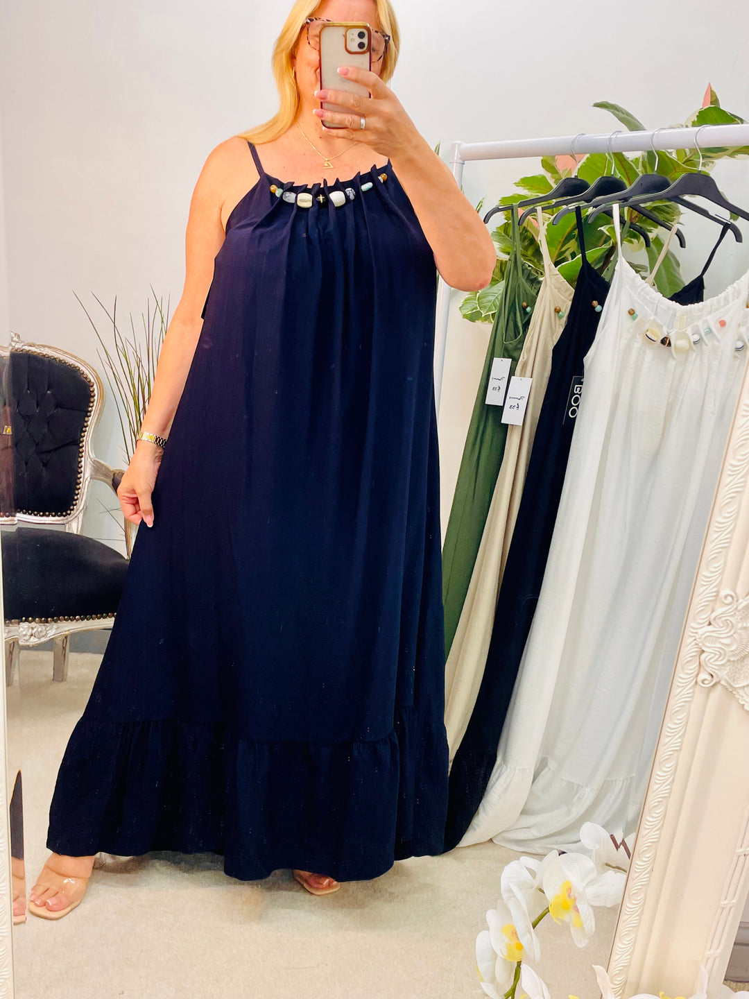 LADIES FLOATY SUMMER MAXI DRESS - BLACK, NAVY, BEIGE, KHAKI & WHITE