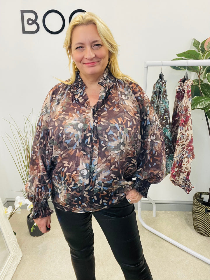 LADIES LEAF PRINT HIGH NECK BLOUSE - BEIGE, BROWN, TEAL