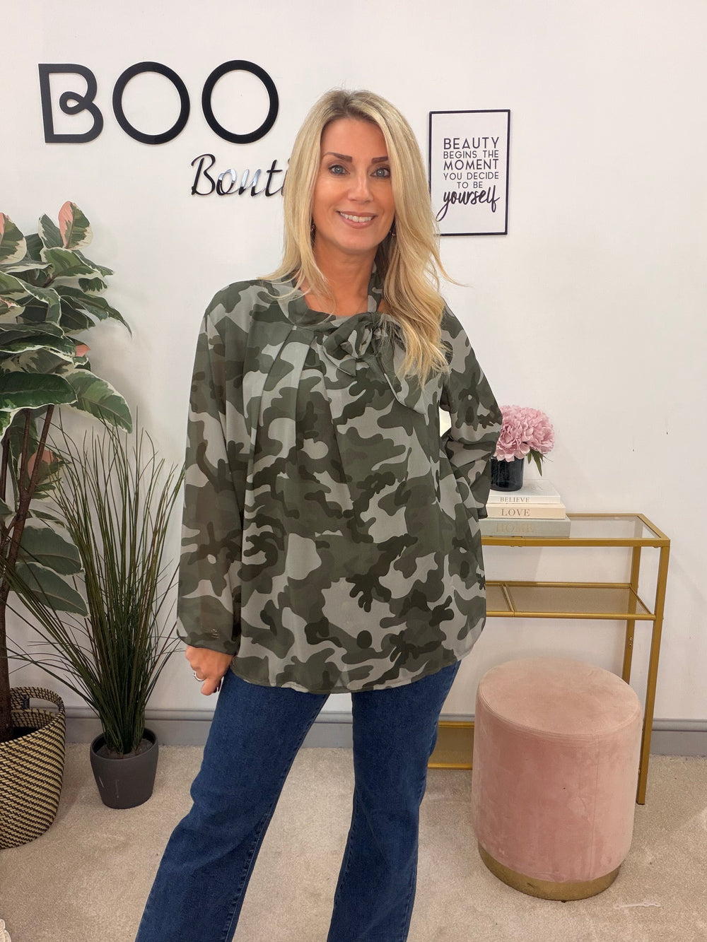 Womens sheer chiffon camouflage high neck blouse top
