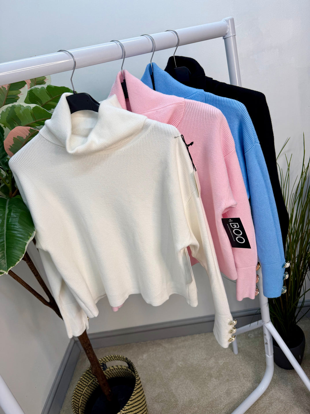 Ladies Fashion Cropped Roll Neck Jumper - black, white, blue & pink