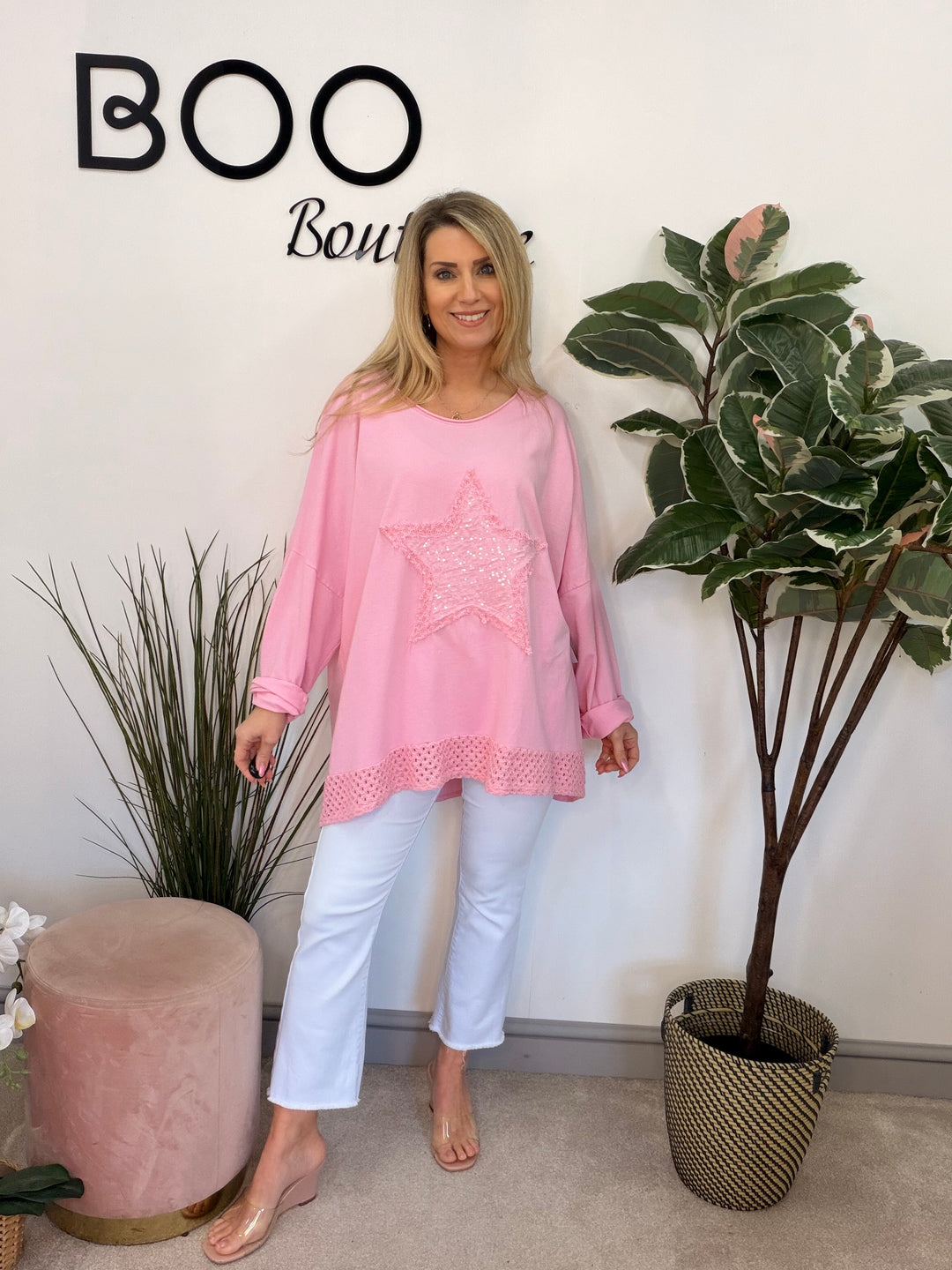 Ladies Fashion Oversize Star Sweatshirt style Top - black, white, pink, raspberry & grey