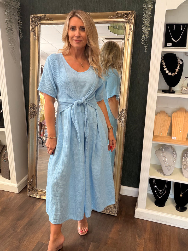 Ladies Cheesecloth Summer Midi Dress - Lemon, Khaki, Coral, White, Lemon, Blue