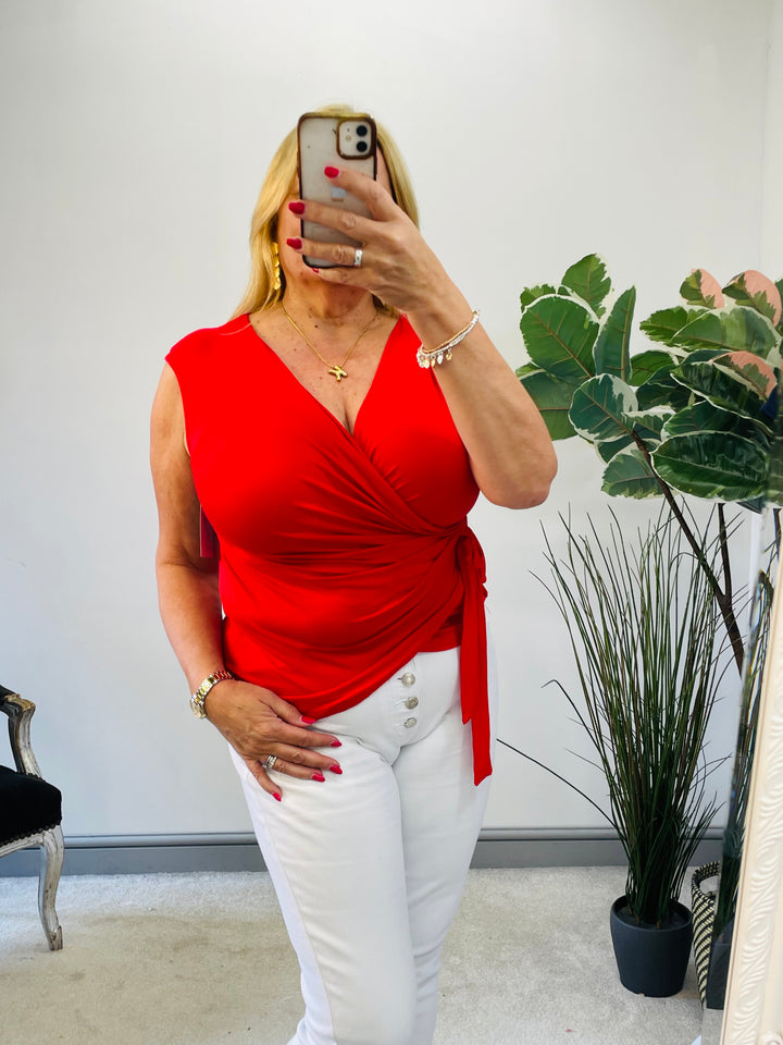 LADIES WOMENS JERSEY WRAP TOP - RED, BLACK, BEIGE, CREAM, NAVY, KHAKI