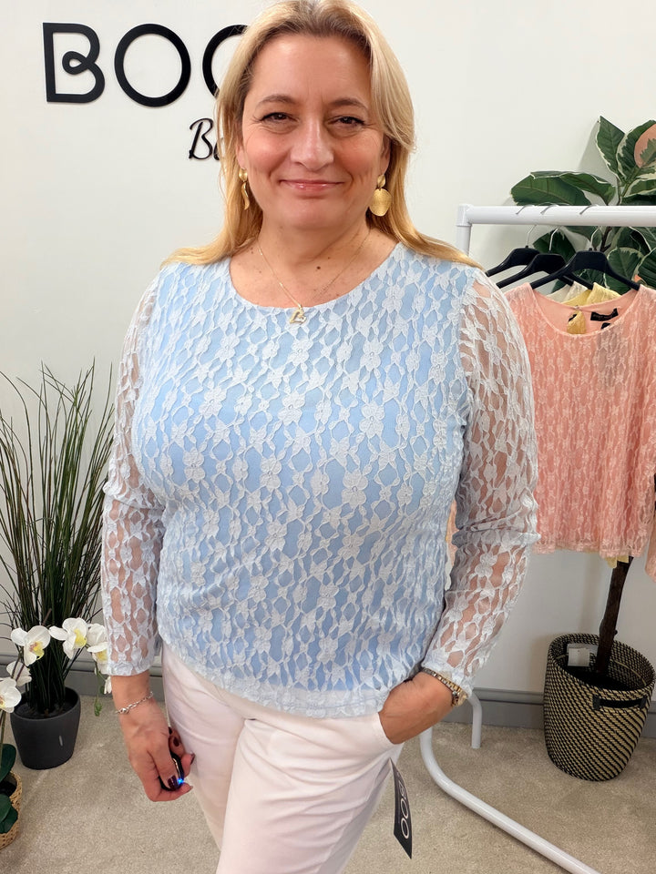 LADIES FASHION LACY LONG SLEEVE TOP - LEMON, WHITE, BLUE & PINK
