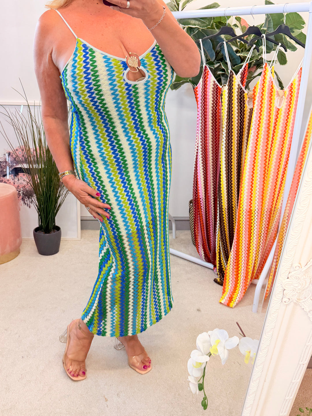 Ladies Fashion Crochet Summer Maxi Dress - Red, Yellow, Orange & Green