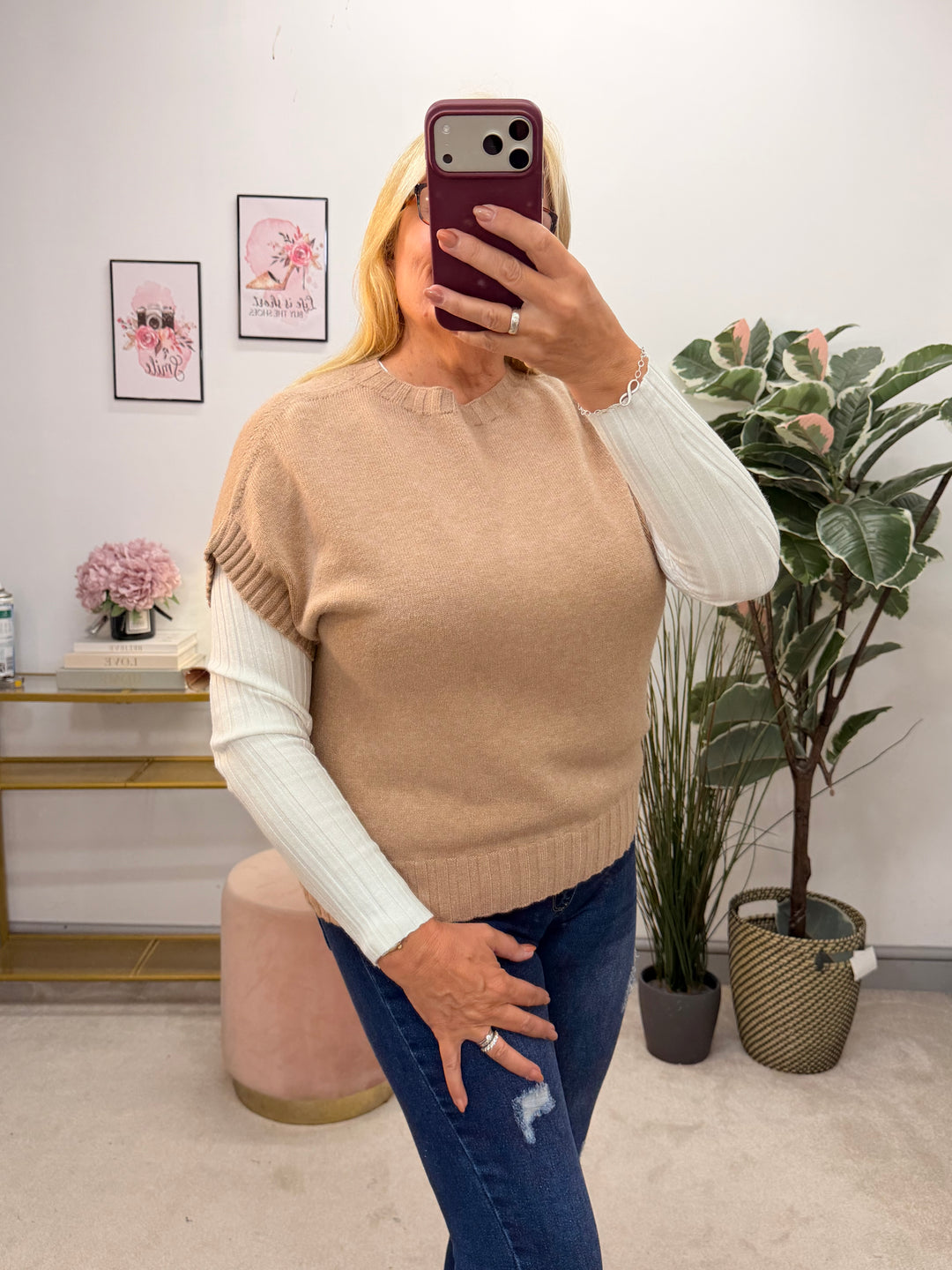 Ladies Fashion Staple Style Ribbed Stretch Knit Long Sleeve Top - Black, Wine, Camel, White & Brown
