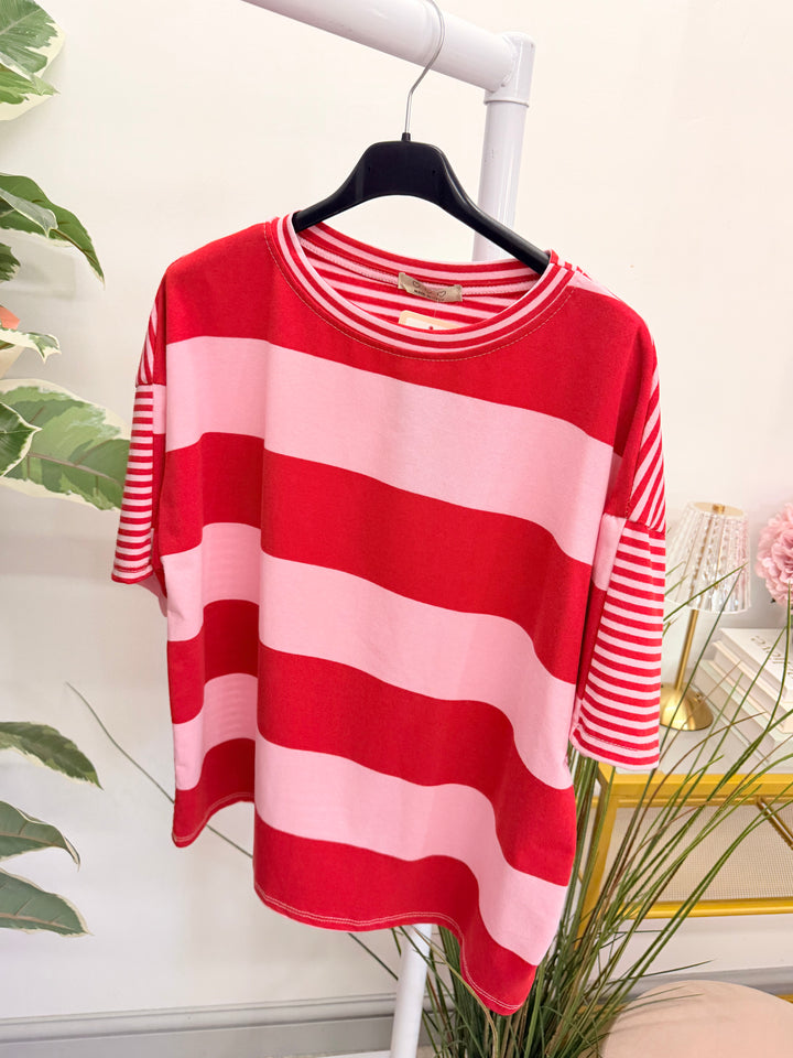 Ladies Colour Block Stripe T Shirt Top - Chocolate/Pink and Pink/Red