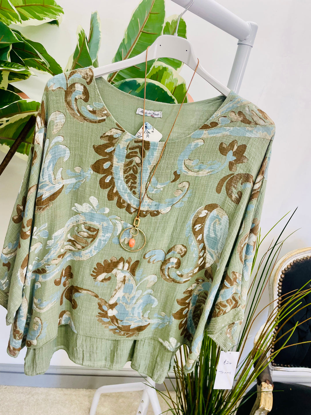 LADIES PAISLEY PRINT LINEN LOOSE FIT TOP - WHITE, BEIGE & KHAKI