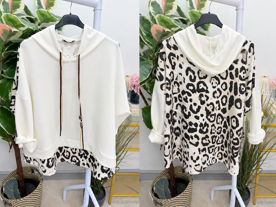 Women's leopard print casual sweat shirt hoody top - black, white & white