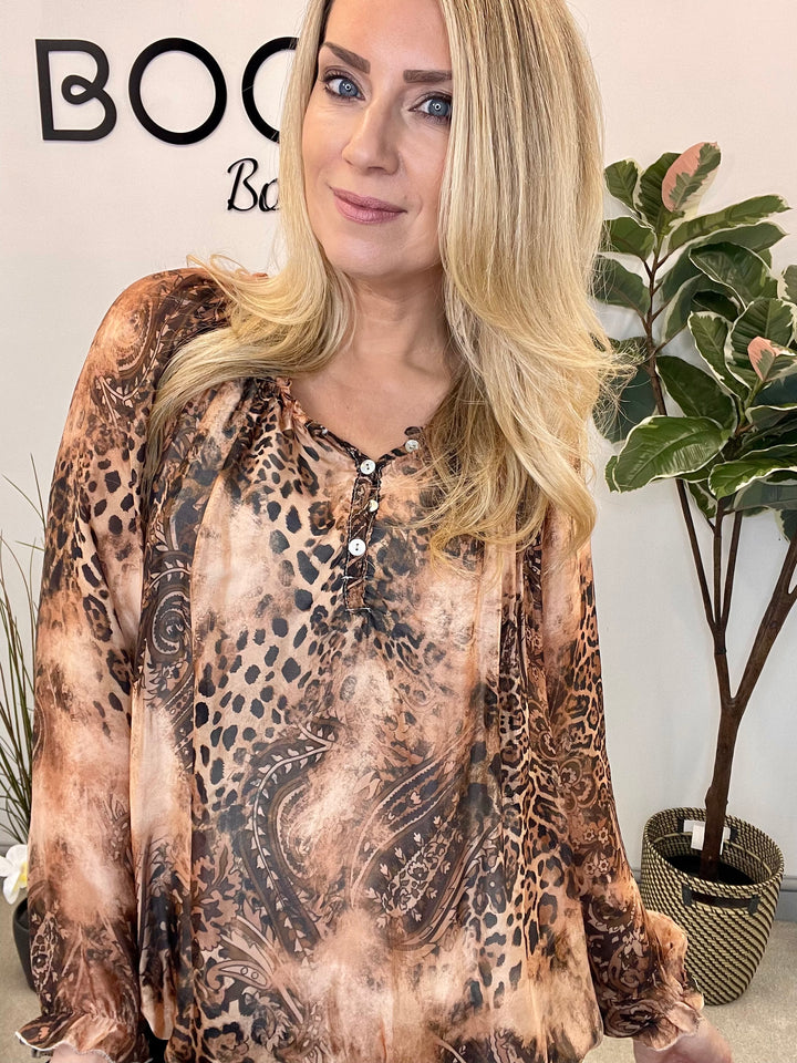 LADIES ANIMAL PRINT CHIFFON BARDOT TOP - CAMEL & BROWN