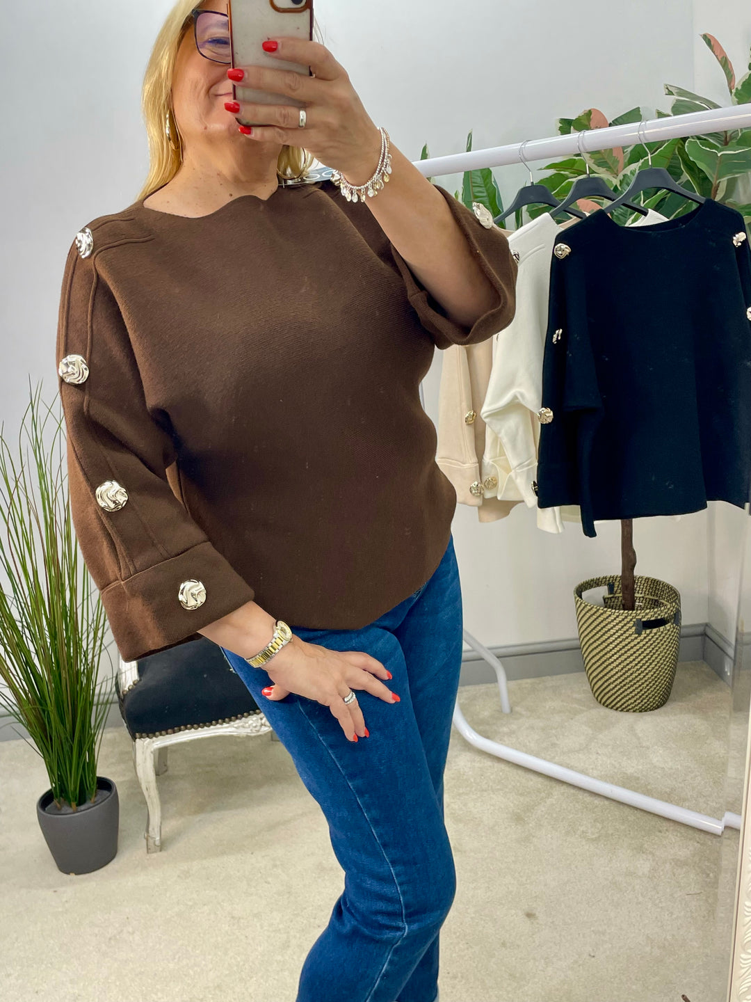 LADIES THICK KNIT GOLD BUTTON JUMPER - WHITE, BEIGE, BROWN & BLACK