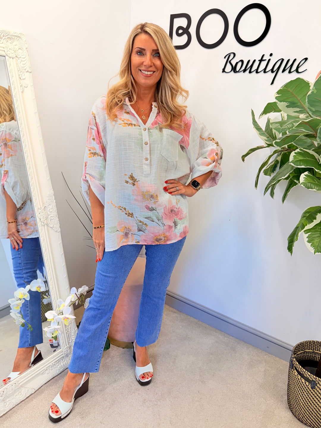 Ladies Floral Print Light Linen Grandad Shirt Top - White, Navy & Lemon