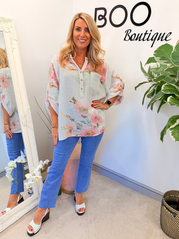 Ladies Floral Print Light Linen Grandad Shirt Top - White, Navy & Lemon