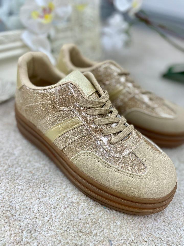 GOLD GLITTER FLATFORM TRAINERS ( LT33 )