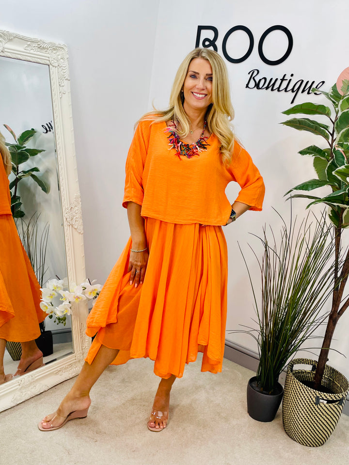 LADIES SUMMER HANKERCHIEF DRESS & CROP TOP SET - ORANGE, WHITE & BEIGE