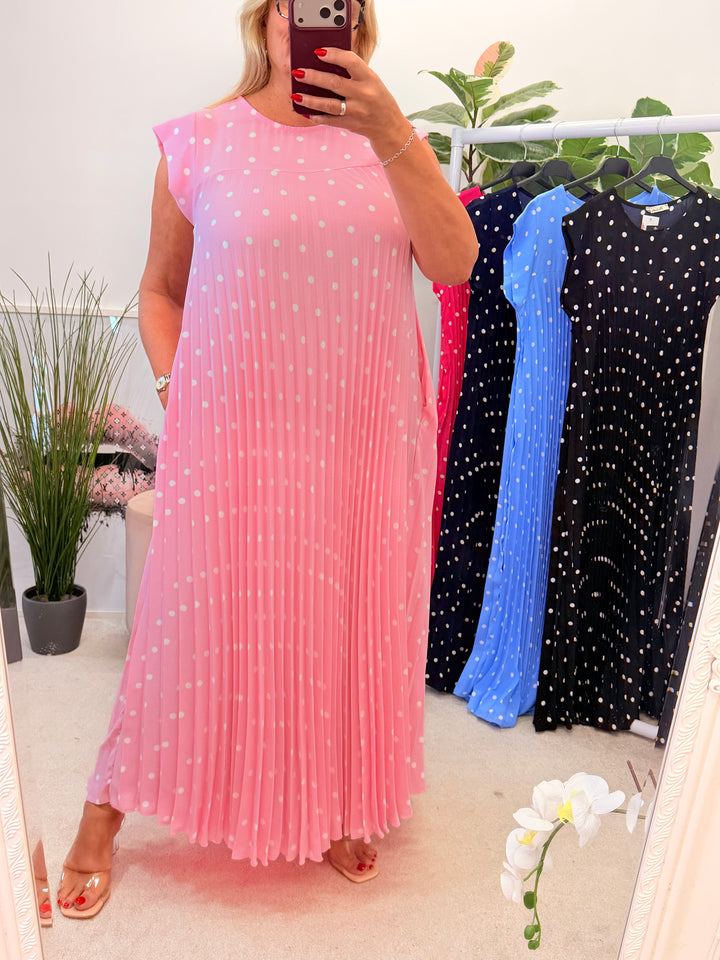 Ladies Polka Dot Summer Maxi Dress - Black, Navy, Pink, Fuschia, Blue