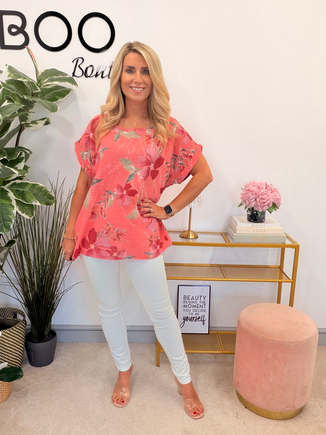 Ladies Flower Print Linen Casual Top - White, Pink, Lilac & Coral