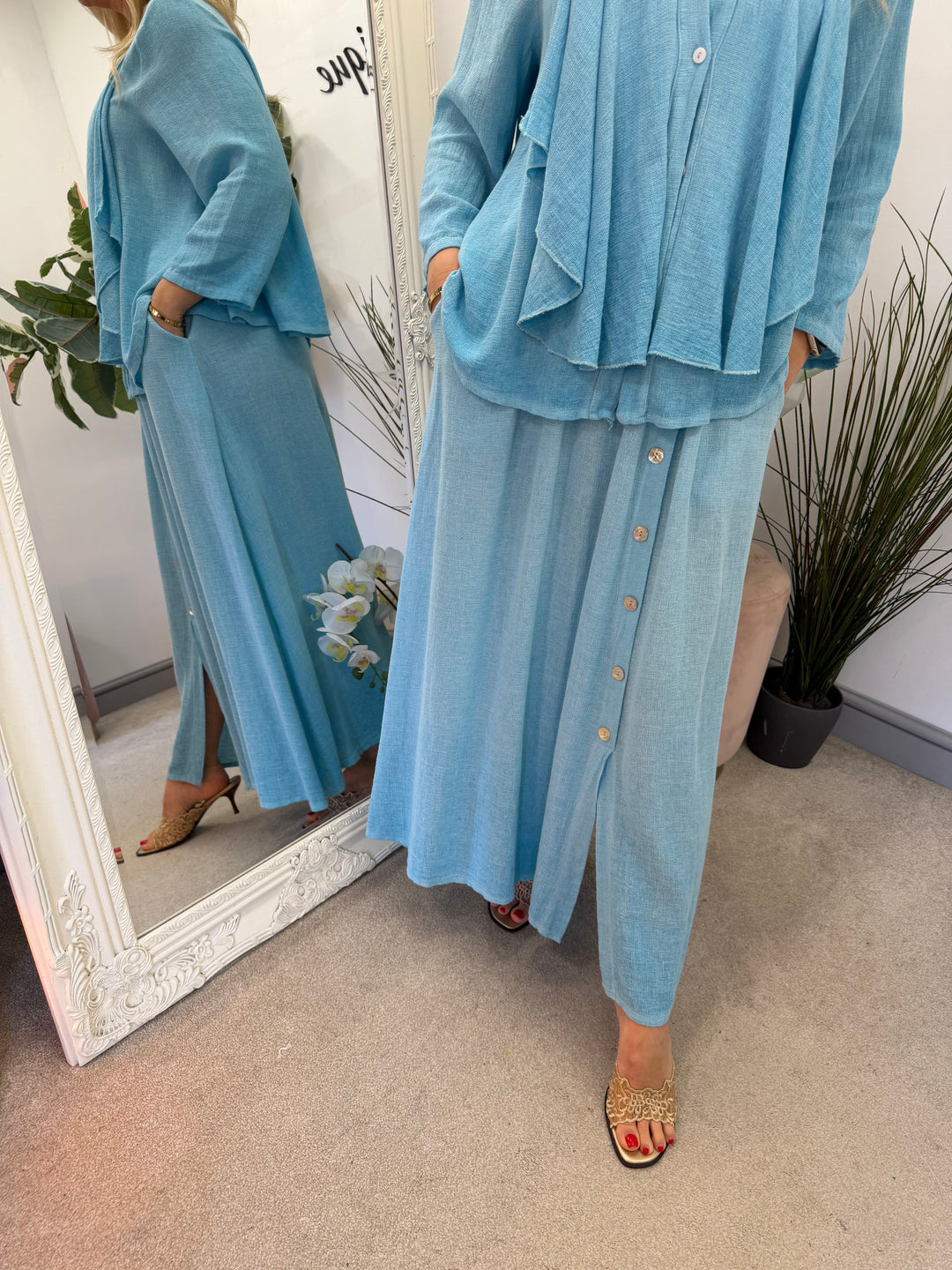 Ladies Fashion Teabag Linen Maxi Skirt - pink, blue, turquoise, beige, white, lime