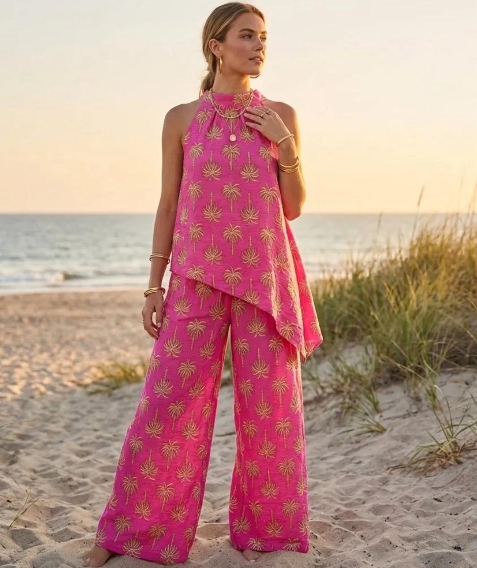 Ladies Palm Tree Print Fashion Trouser Co Ord Set - Navy, White, Pink, Brown & Orange