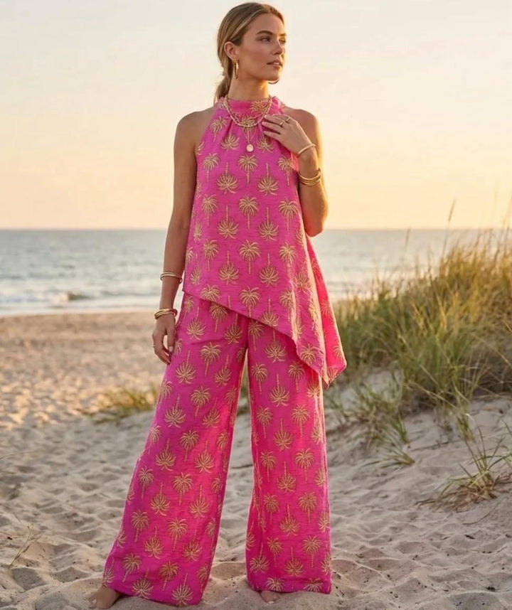 Ladies Palm Tree Print Fashion Trouser Co Ord Set - Navy, White, Pink, Brown & Orange