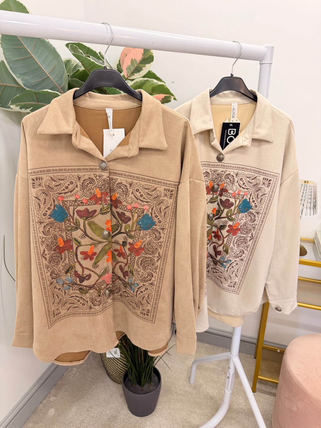 Ladies Fashion Faux Suede Shacket Jacket - Beige & Mocha